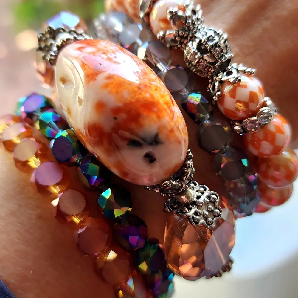 Silver Bracelets Stacking Set Natural Jasper Stone European Crystals